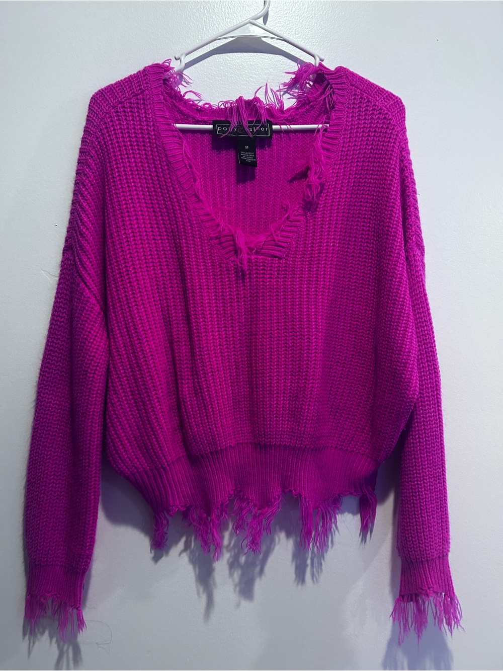 Boohoo Magenta Distressed V-Neck Sweater